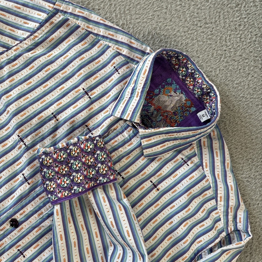 Robert Graham Shirt Mens Medium Purple Flip Cuff Striped Embroidered‎